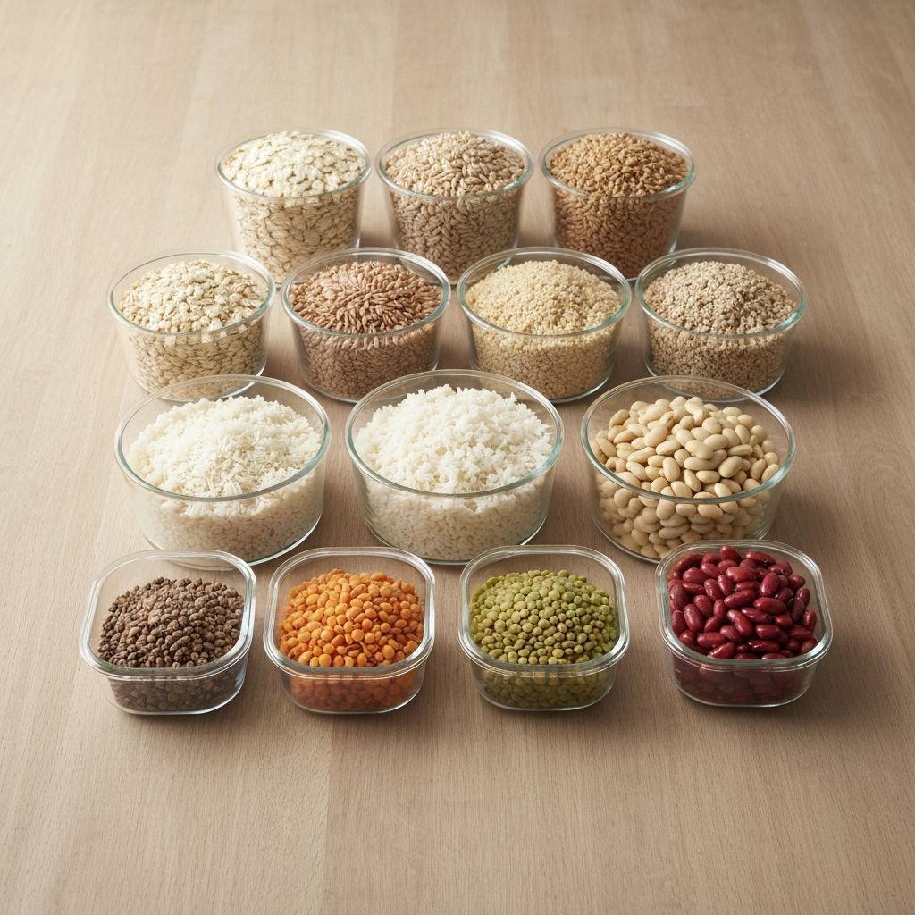 Glass containers with cooked grains, quinoa, and legumes portions