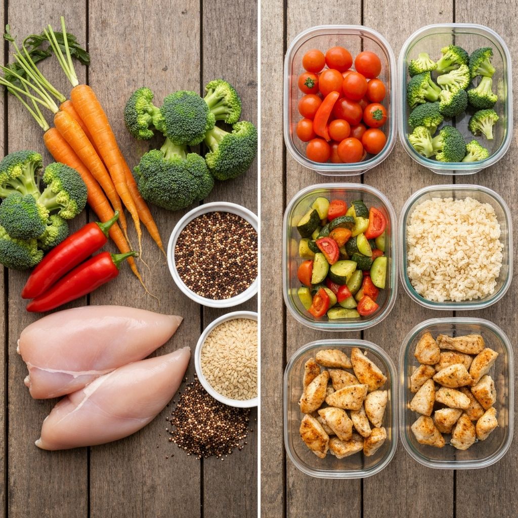 Side-by-side comparison of raw and prepared ingredients