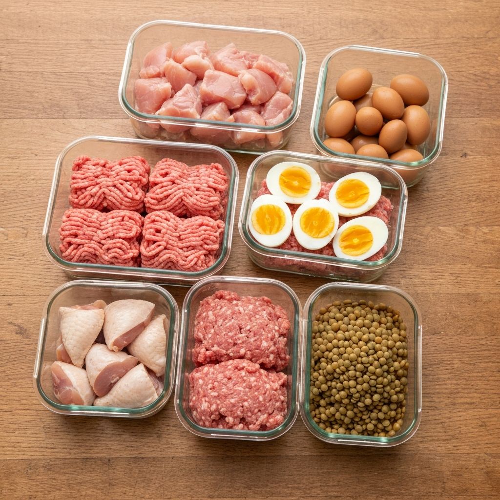 Glass containers with various prepared protein sources