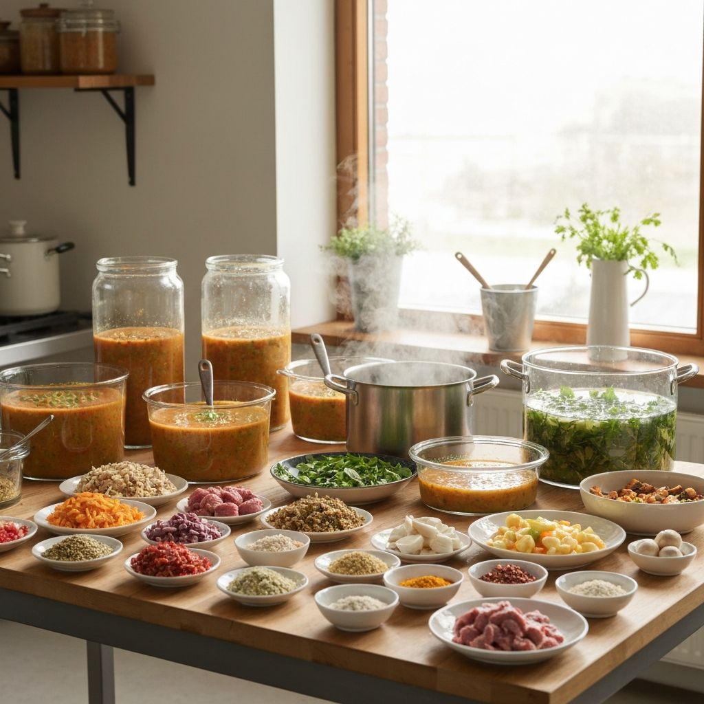 Large pot with prepared soup base and stew components